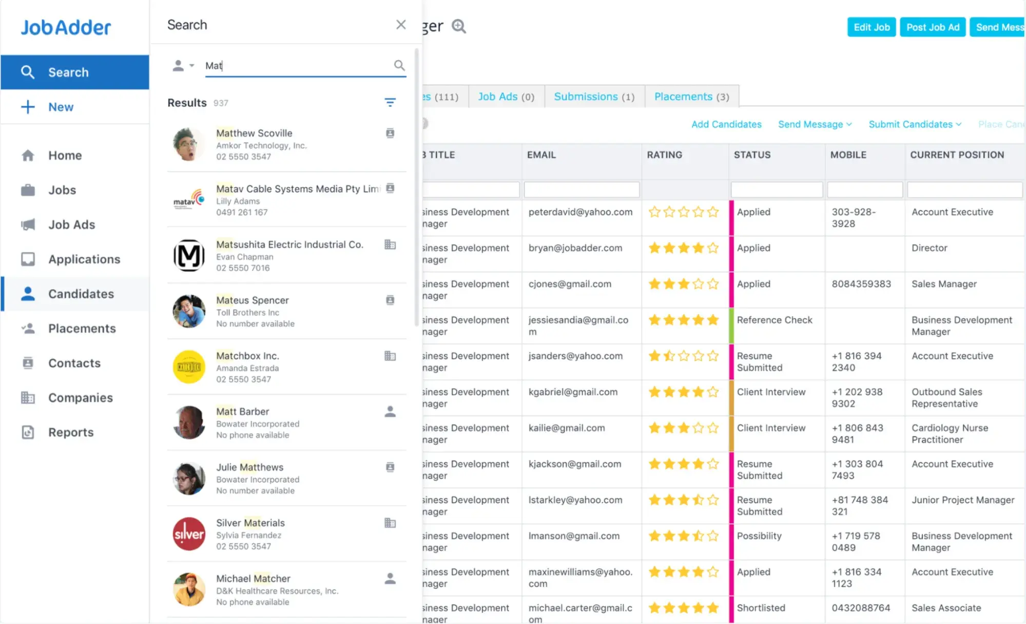 a screenshot of jobadder’s CRM user interface