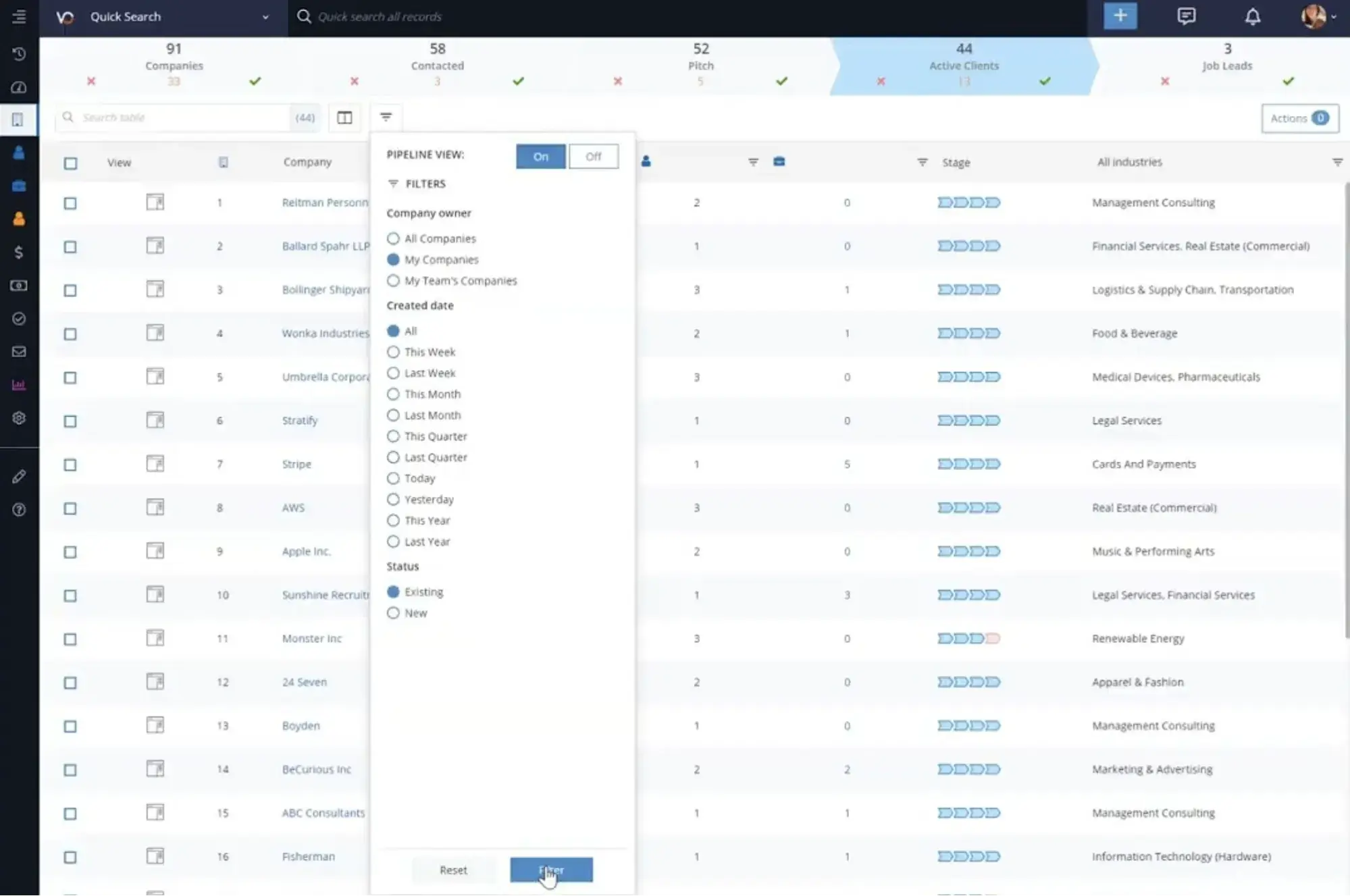 a screenshot of vincere’s CRM user interface
