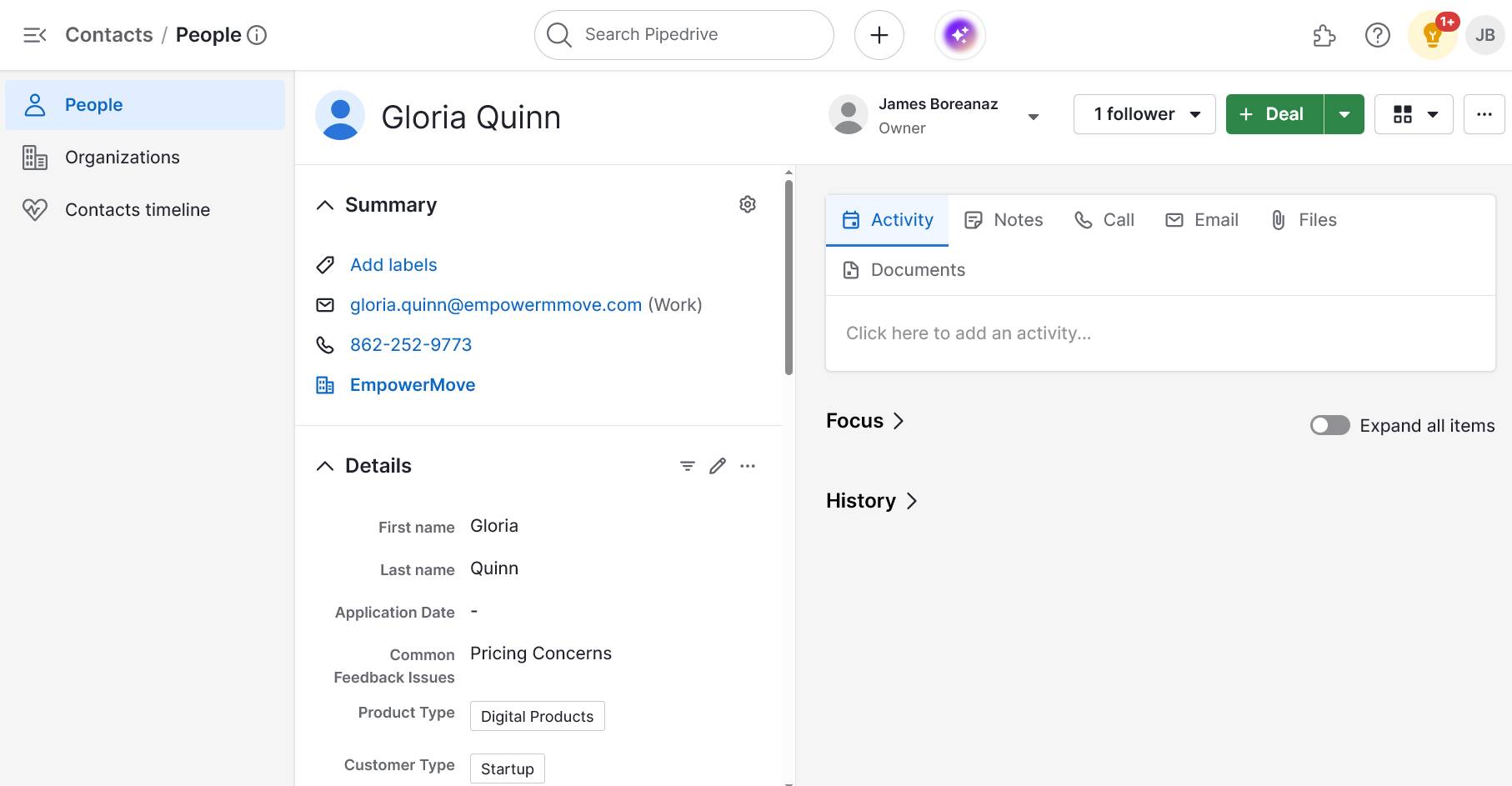 customer information sheet pipedrive detail view