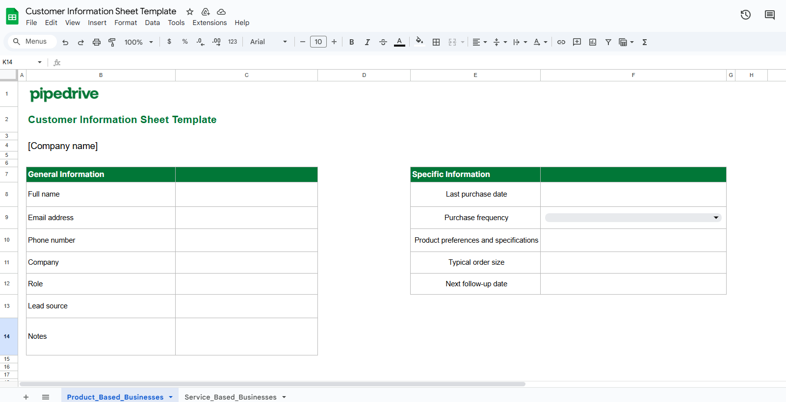 customer information sheet pipedrive excel template