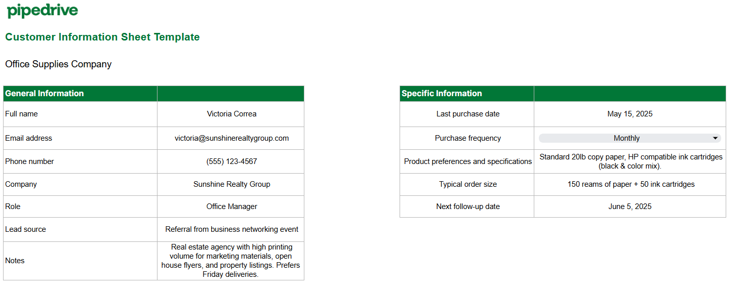 customer information sheet pipedrive product sheet