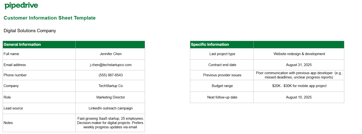 customer information sheet pipedrive services sheet
