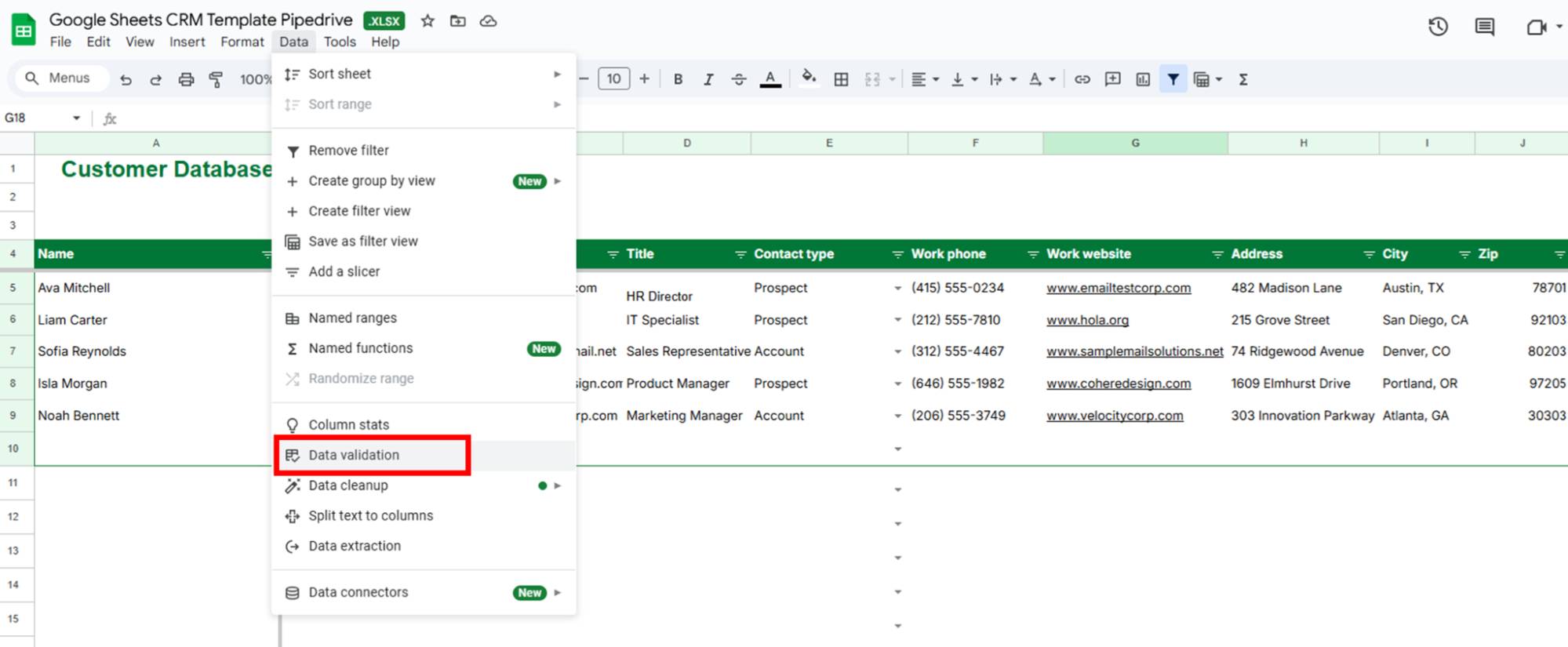 google sheets crm template pipedrive data validation