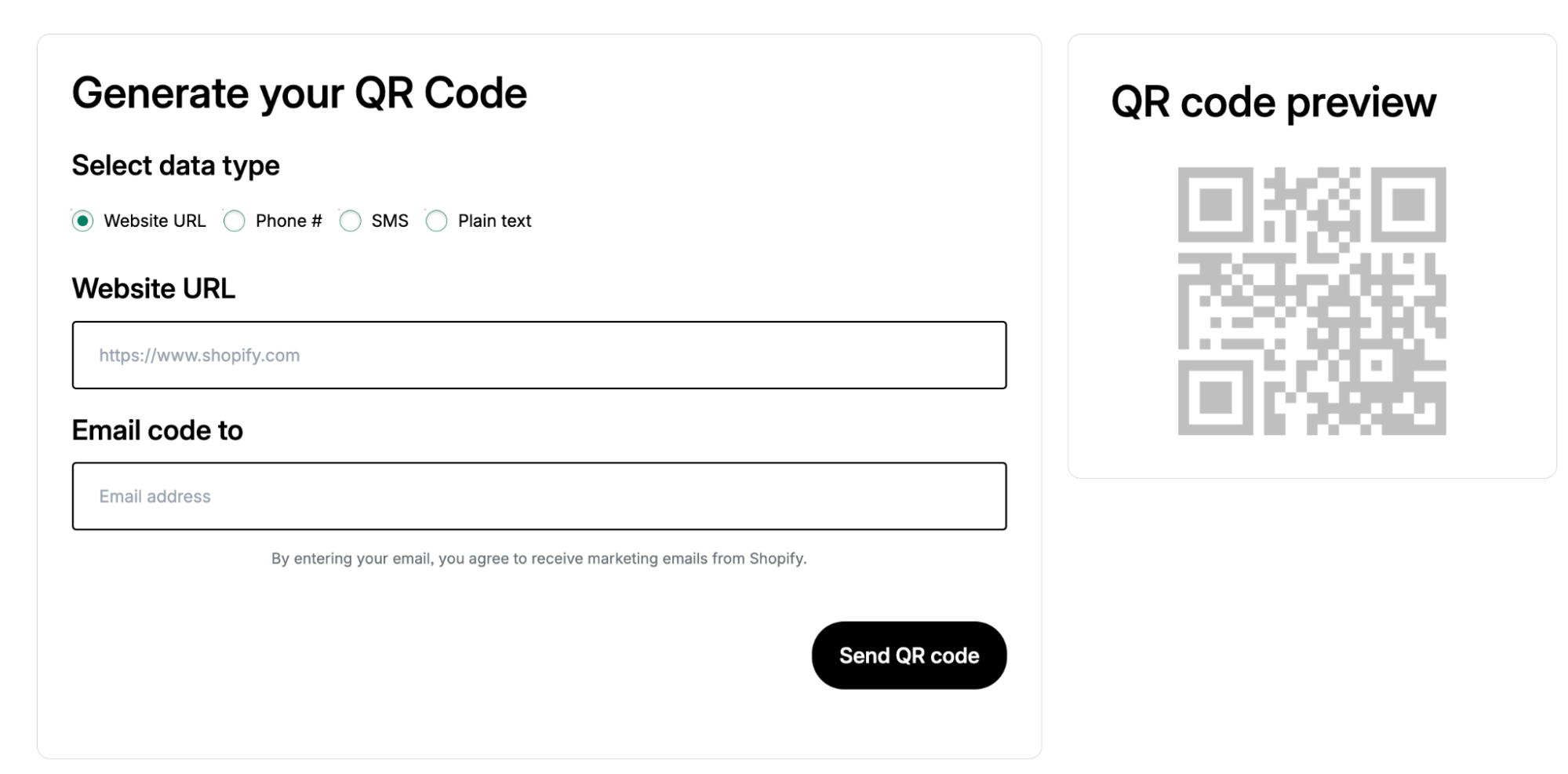 QR code generator showing the website URL attached to a QR code.