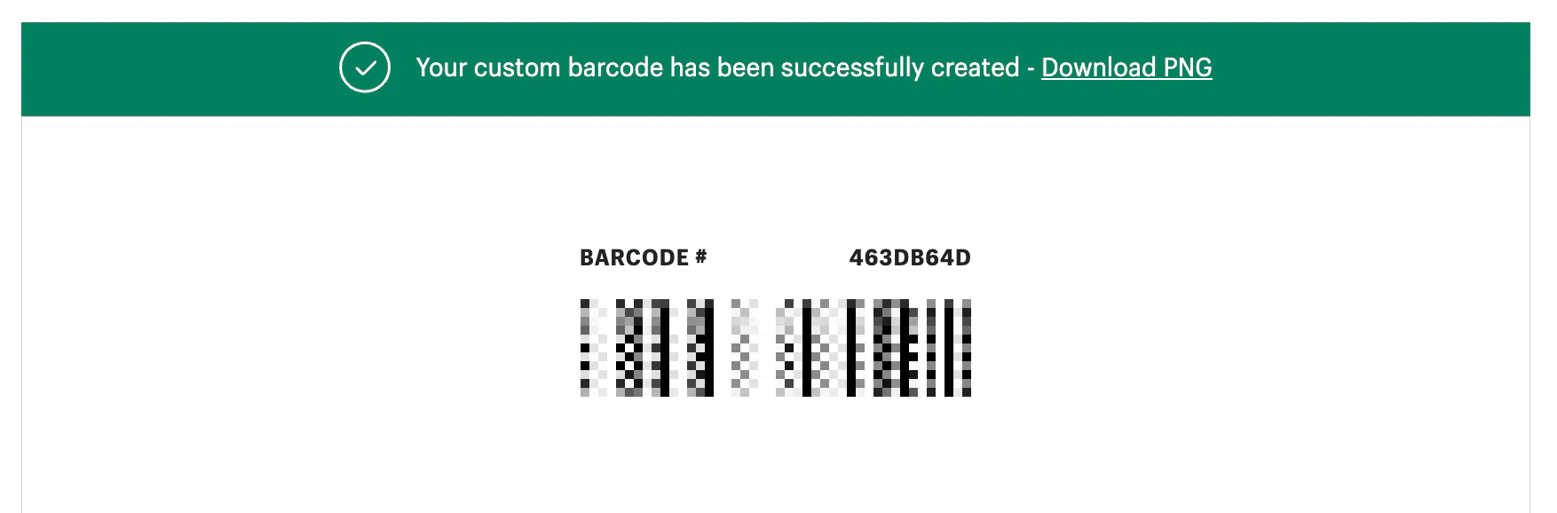 Shopify’s free barcode generator showing a barcode ID and link to download the image.