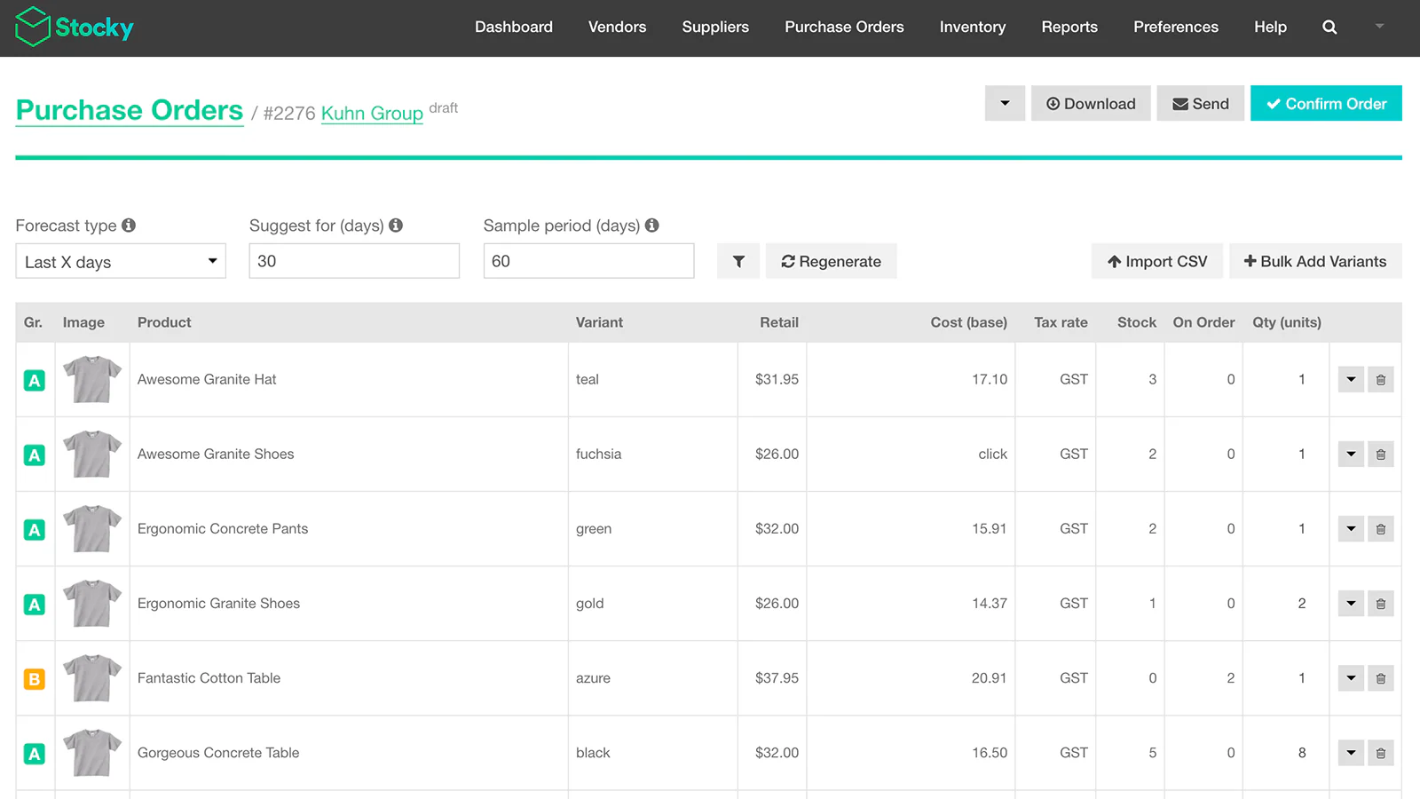 Stocky dashboard showing purchase orders for a gray t-shirt.