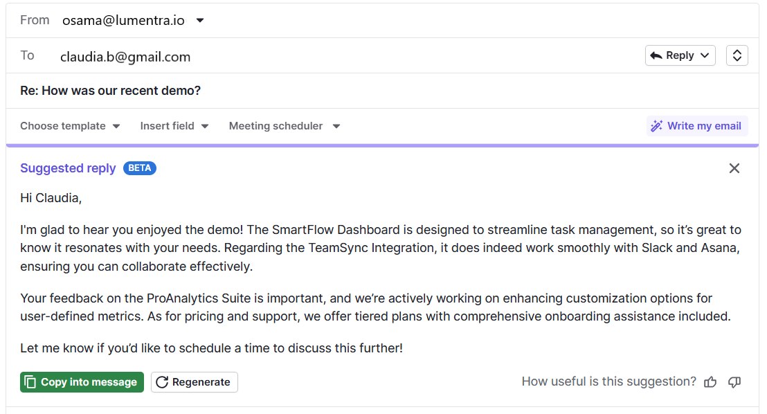 B2B market research Pipedrive AI suggested reply