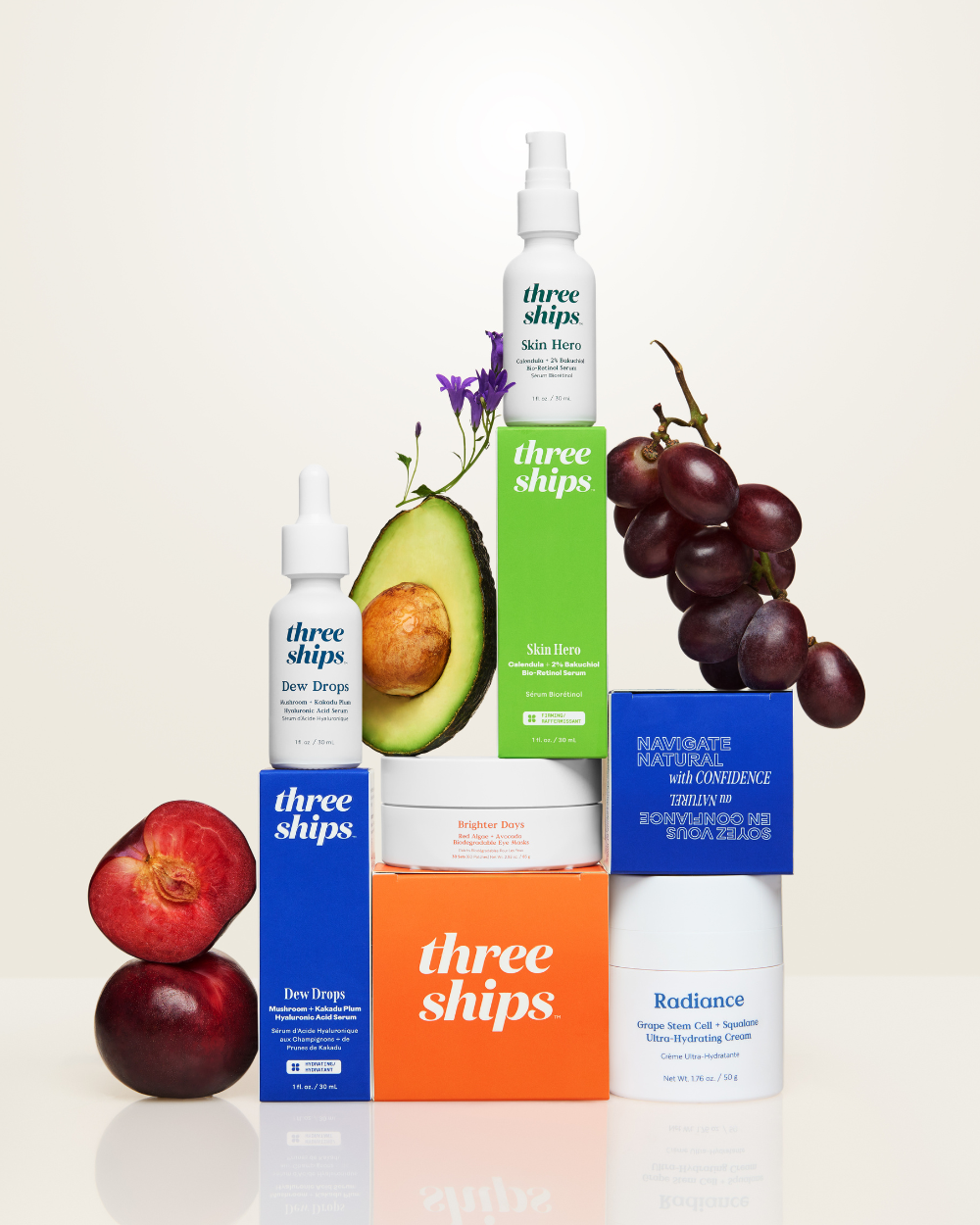 A stack of Three Ships next to their natural ingredients.