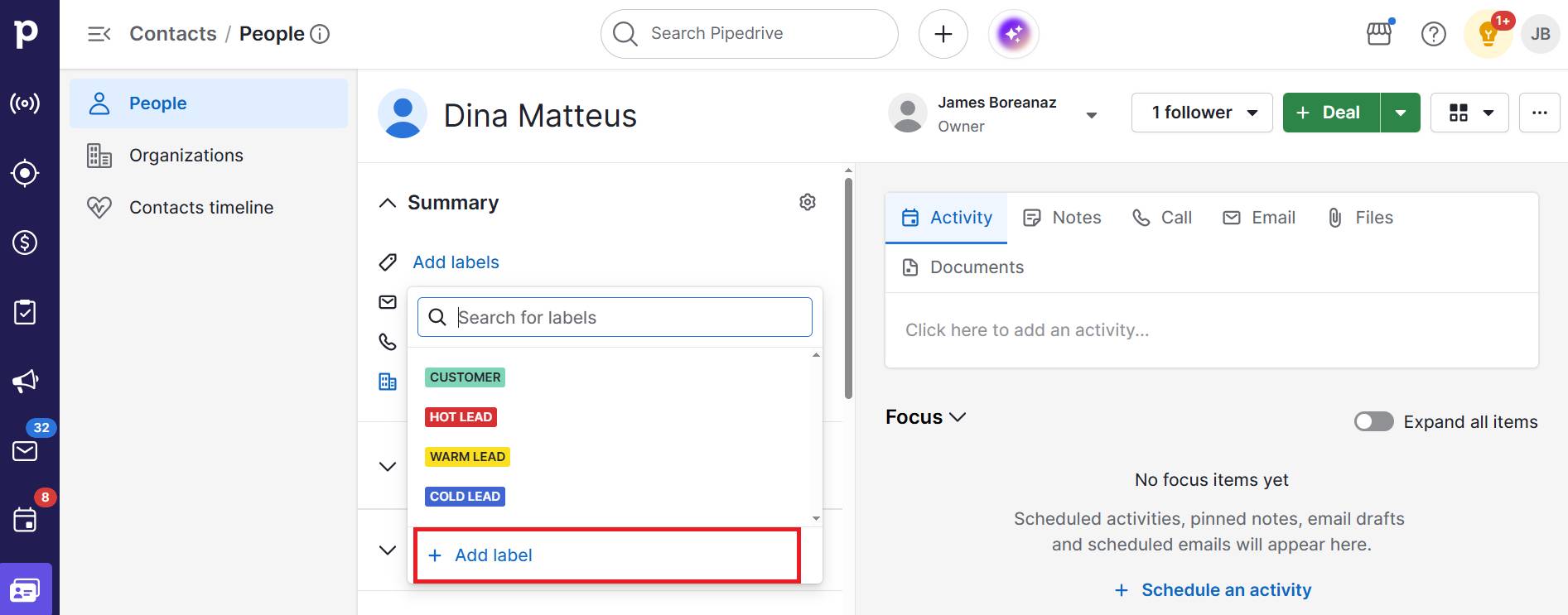 Customer empowerment Pipedrive add label