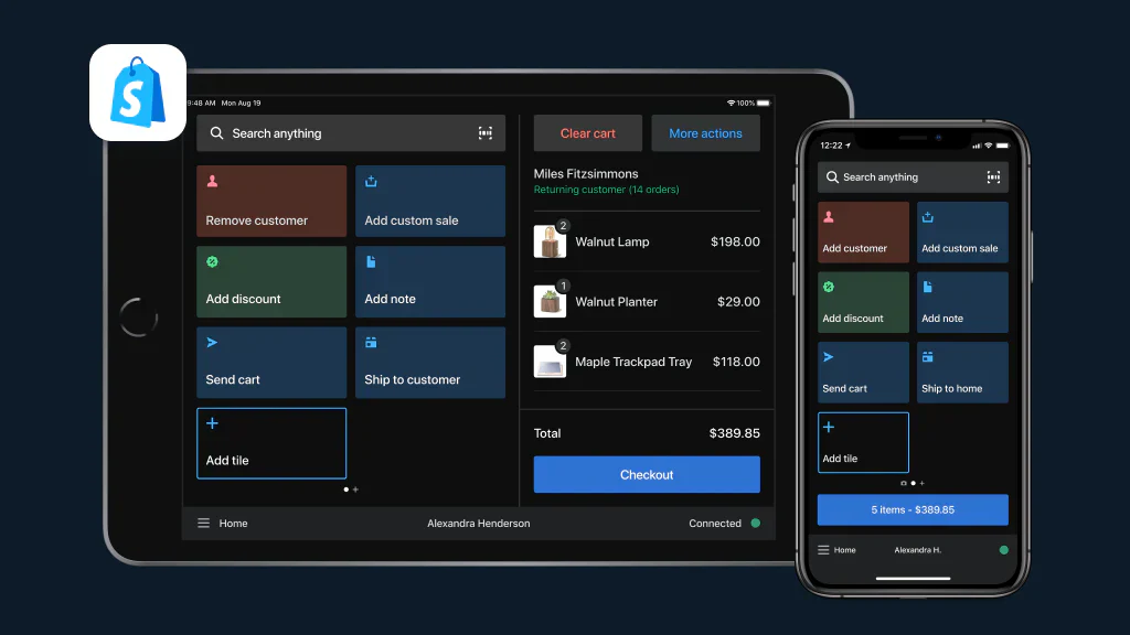 Shopify POS interface on a tablet and mobile device.