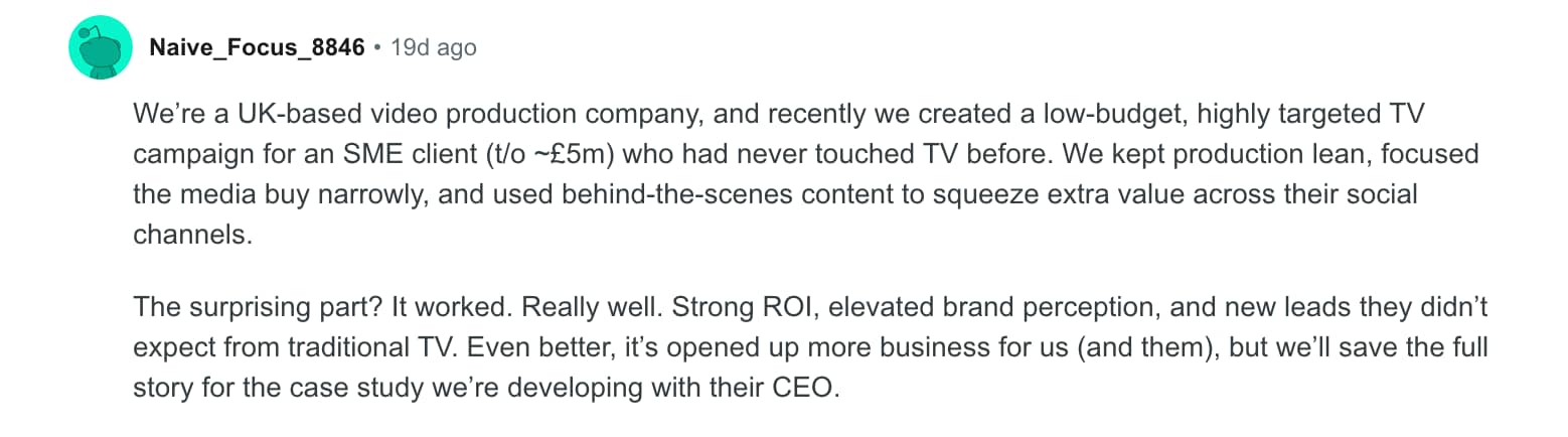 Traditional marketing methods SMB TV ads Reddit post