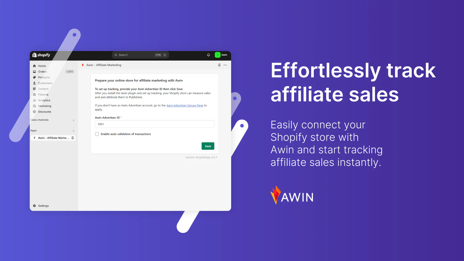 Awin's Shopify integration that enables automatic affiliate sales tracking.
