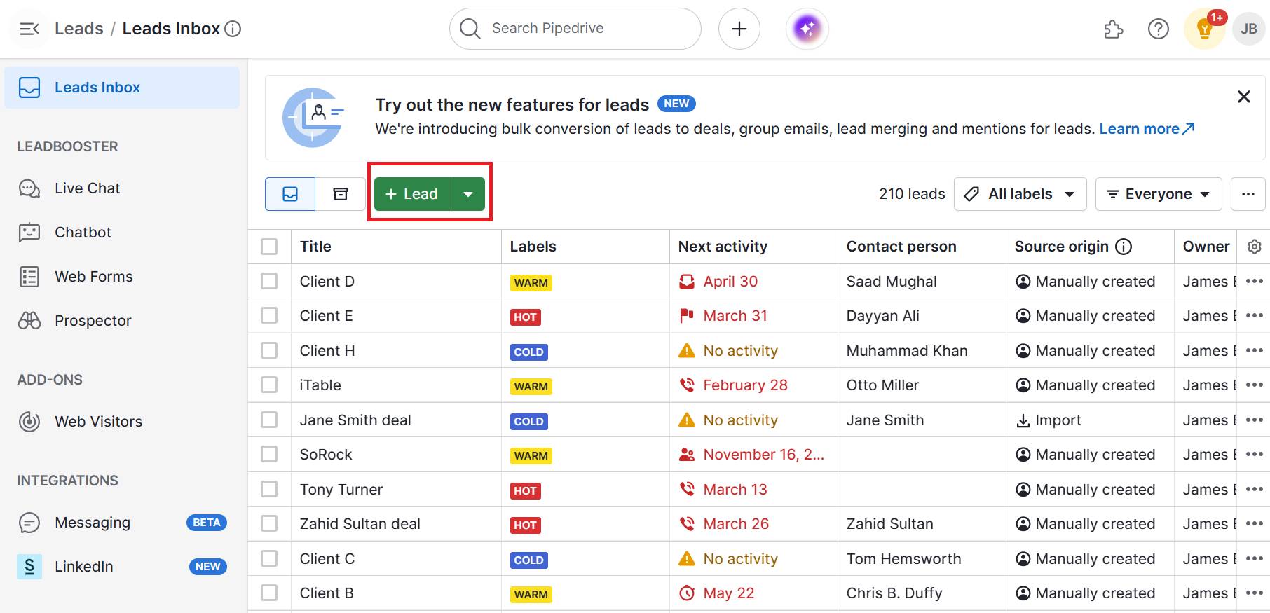customer engagement metrics Pipedrive's Lead Inbox