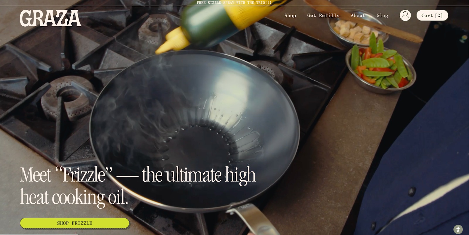 Graza high-heat cooking oil being drizzled in hot pan on stovetop.