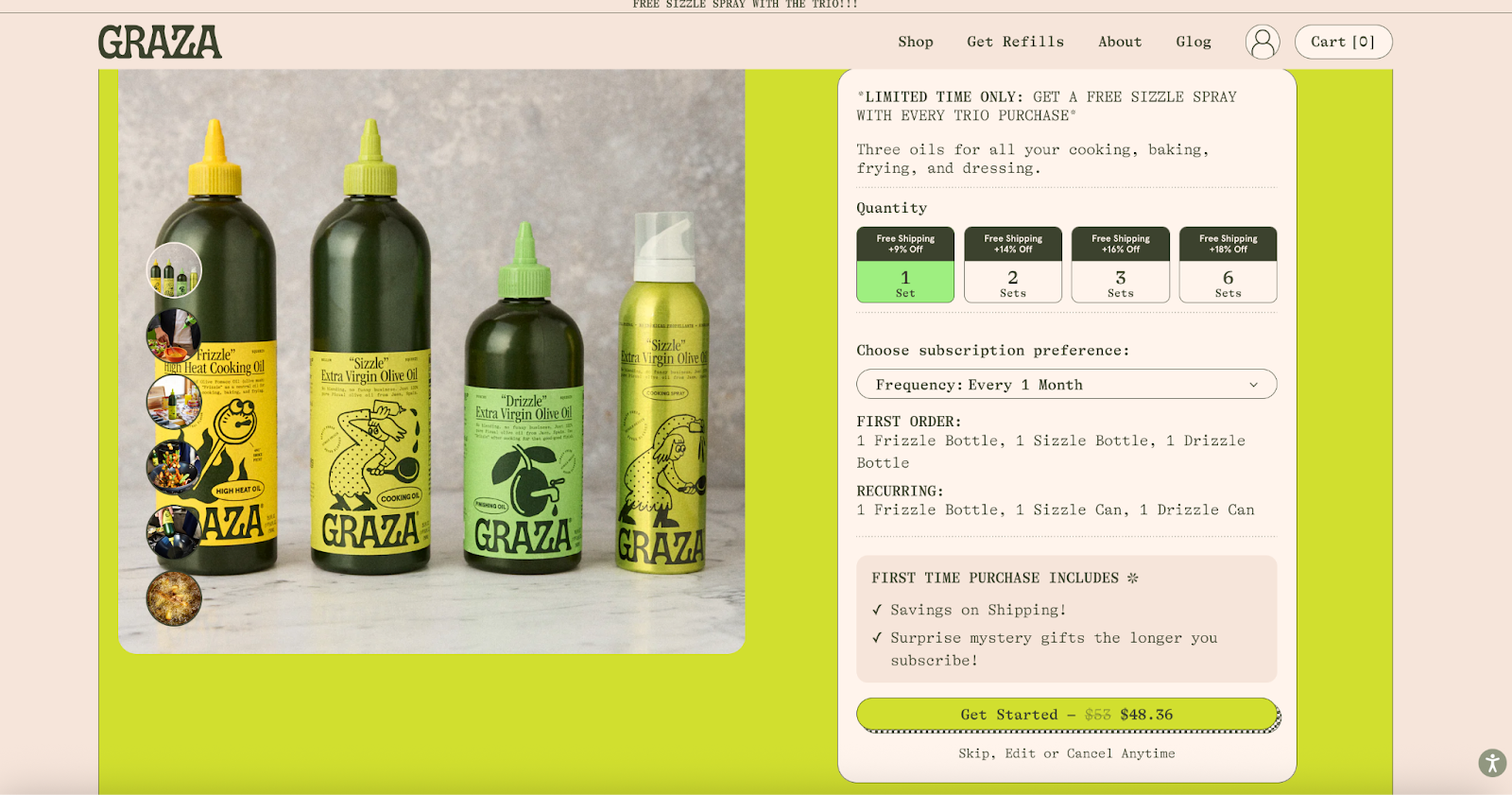 Image of four Graza olive oil bottles in a row, next to a subscription form to purchase the products.