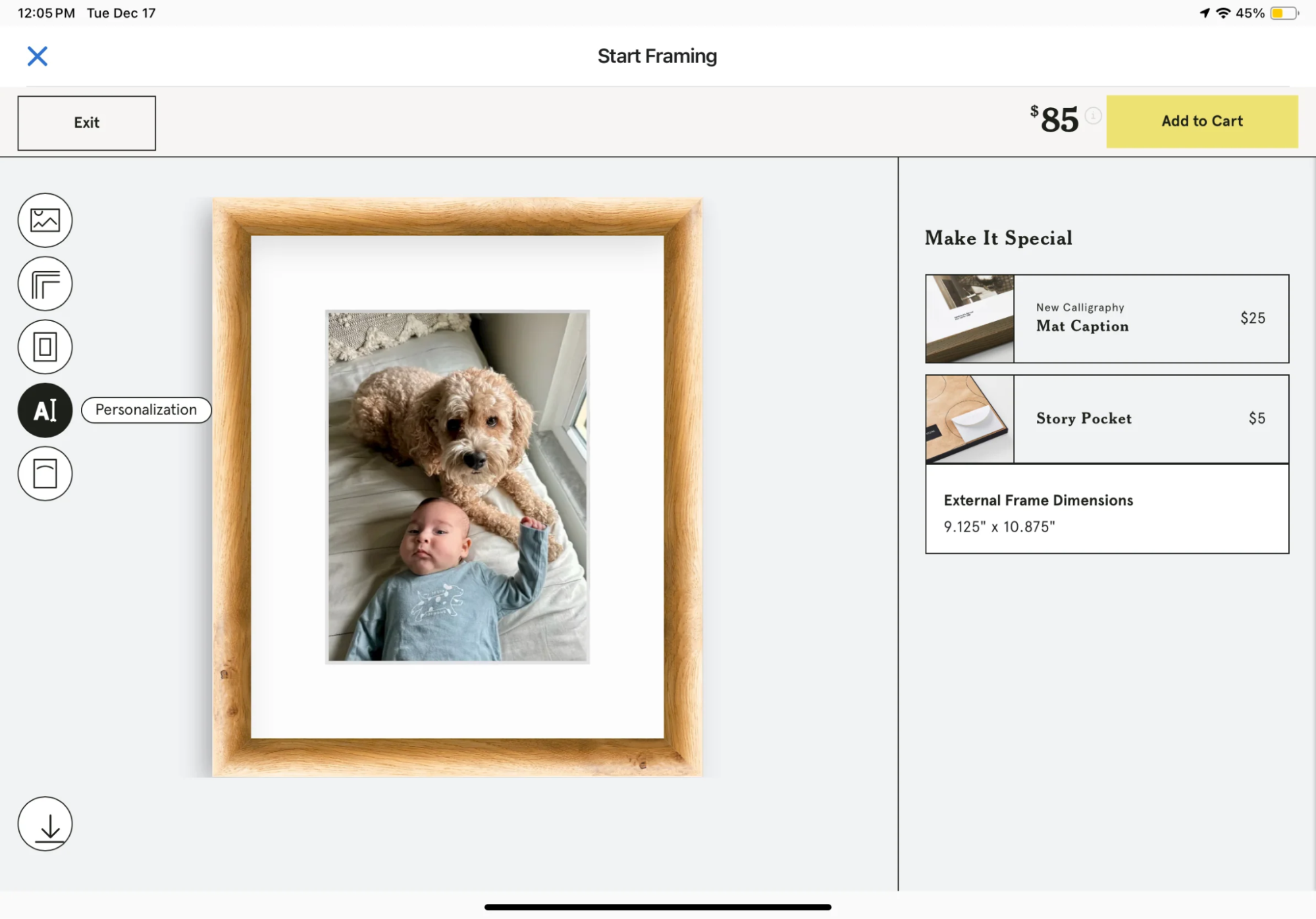 Custom framing UI shows a baby and dog photo with personalization options and prices.