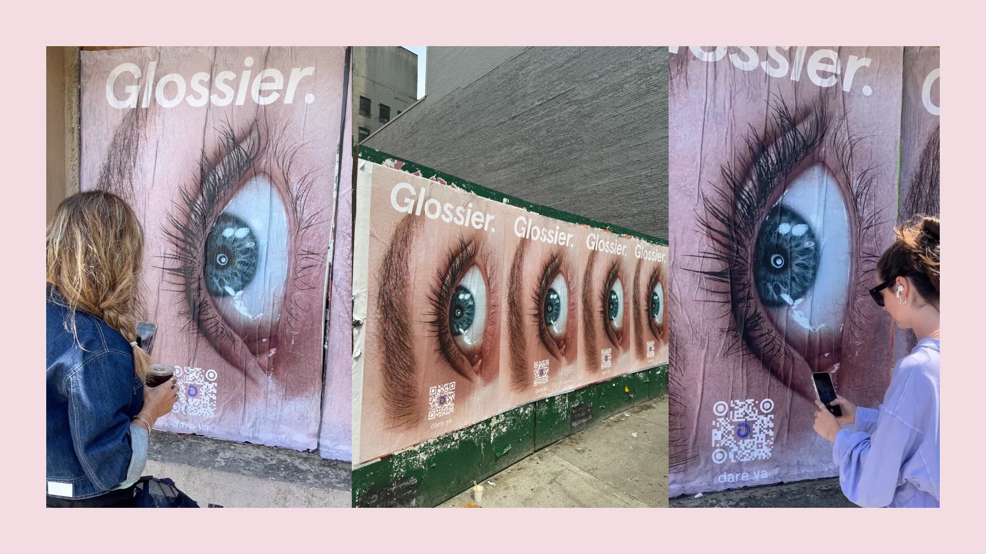 Three Glossier billboards showing a woman’s eye to promote brow gel with QR code.