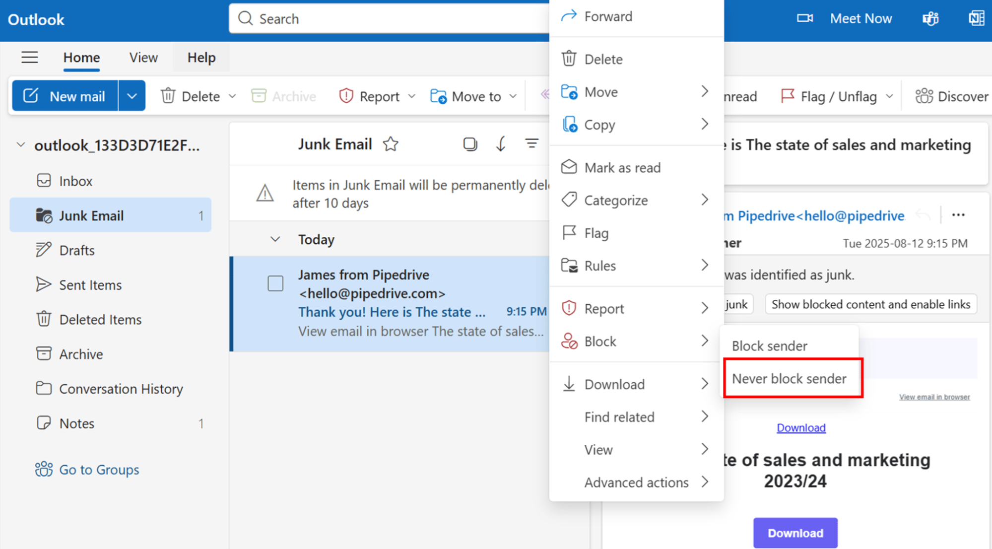 how to whitelist an email outlook list