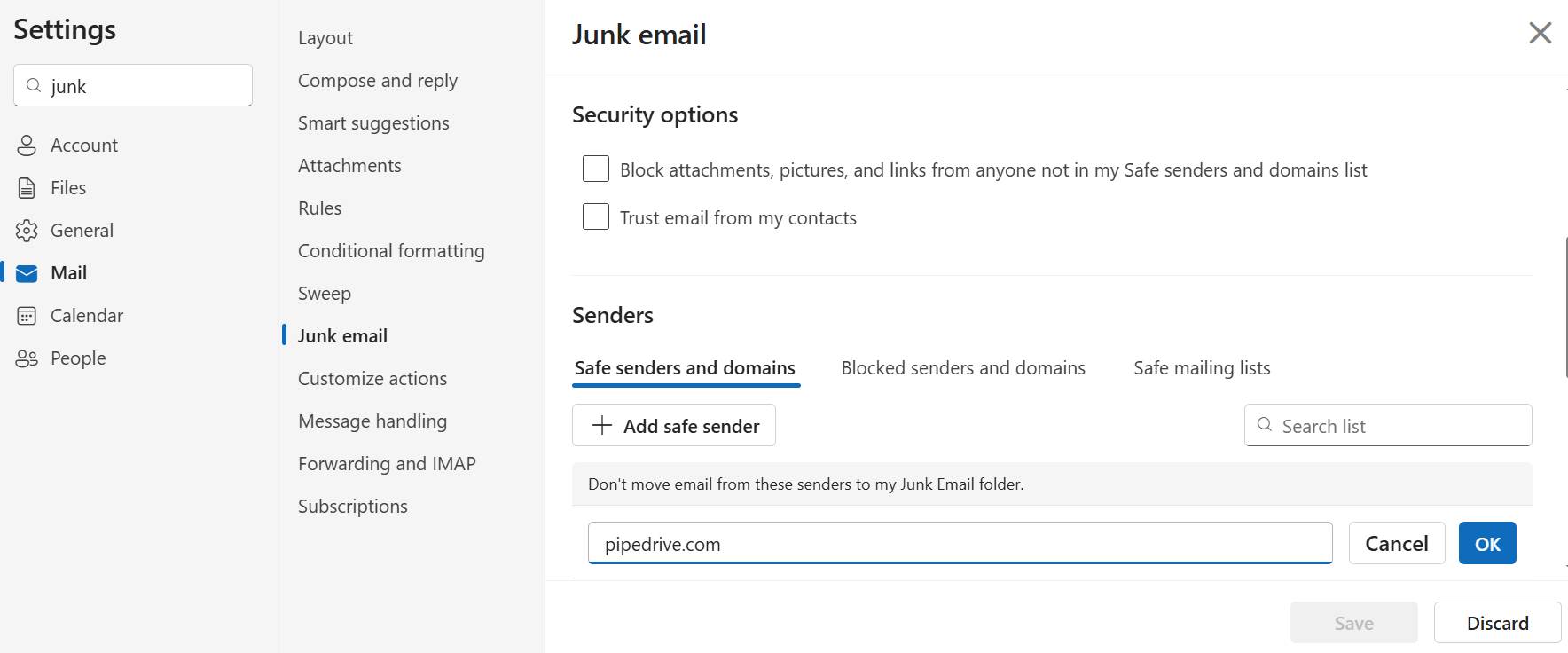 how to whitelist an email outlook settings