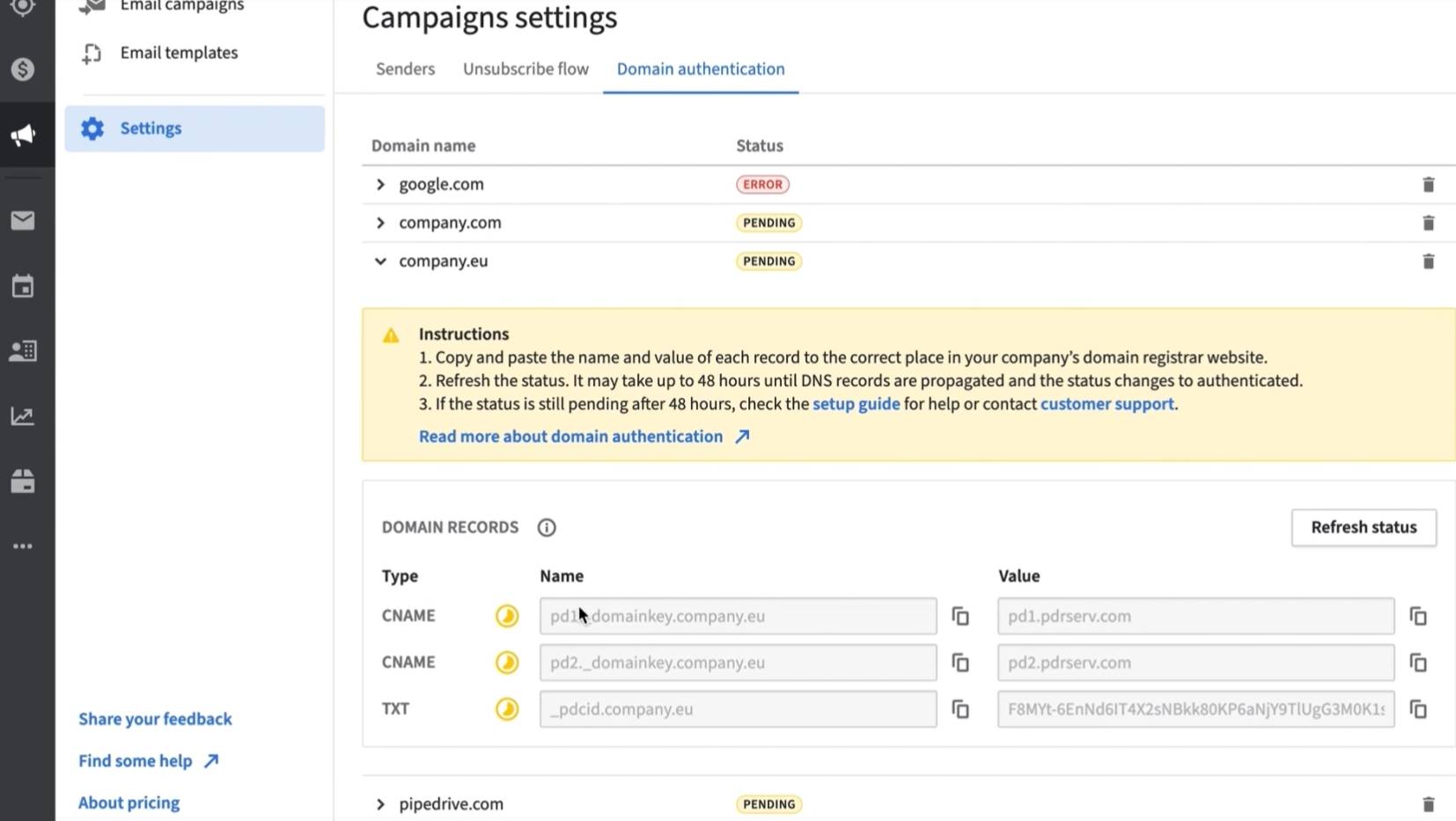 how to whitelist an email pipedrive dns records