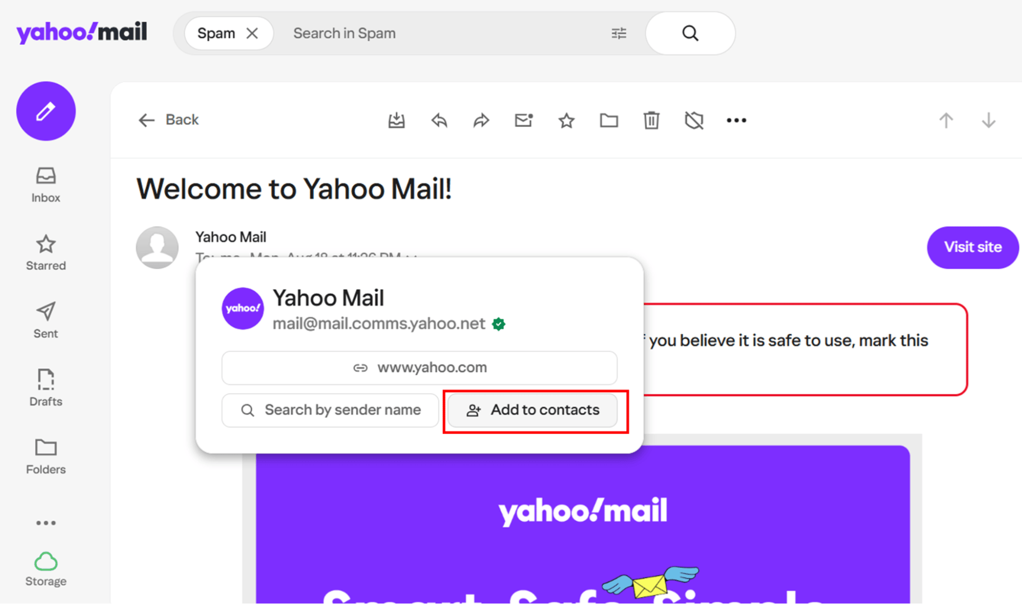 how to whitelist an email yahoo contacts