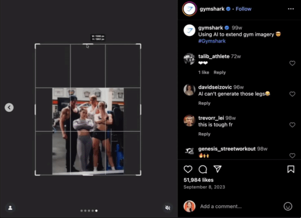 gymshark’s instagram shows video of how it used ai to extend the background of its gym photos