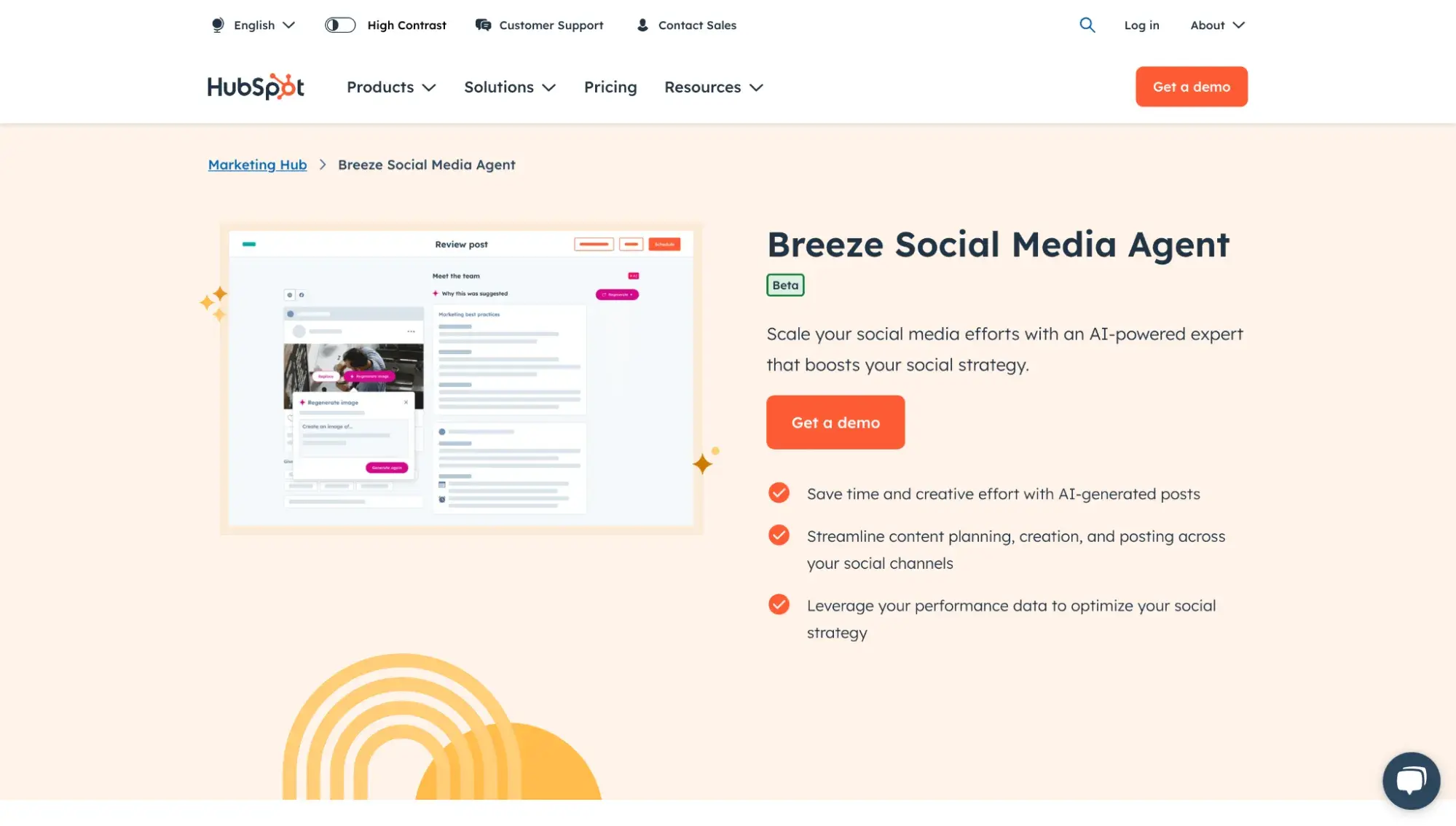 hubspot’s breeze social media agent landing page