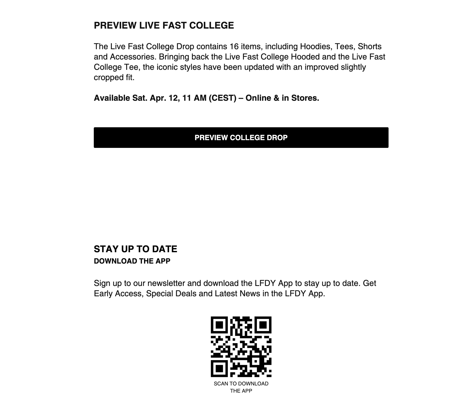 Landing page for a new “College Drop” collection of apparel.