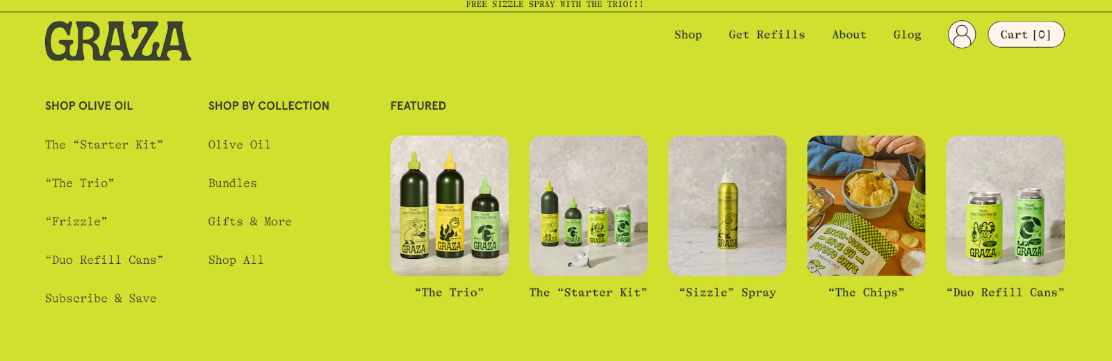 Screenshot of Graza’s mega menu allowing users to shop by oil, collection, or featured products.