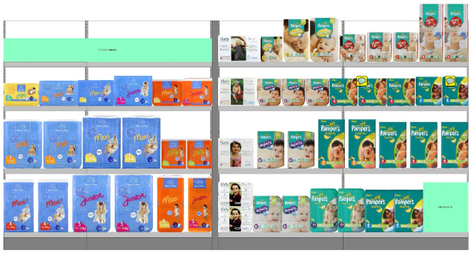 Planogram for a retail store showing diapers arranged on vertical shelves.