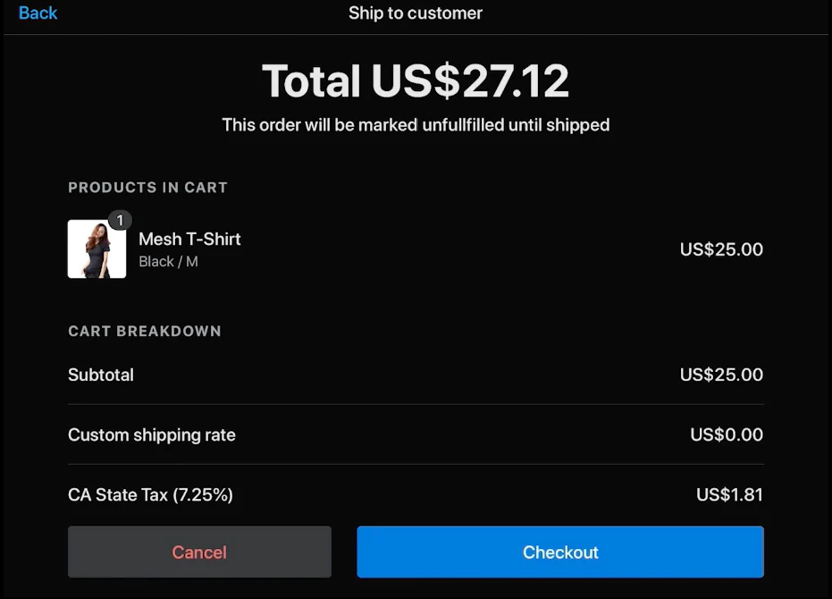 Shopify POS interface showing a ship-to-customer order for a black mesh t-shirt.