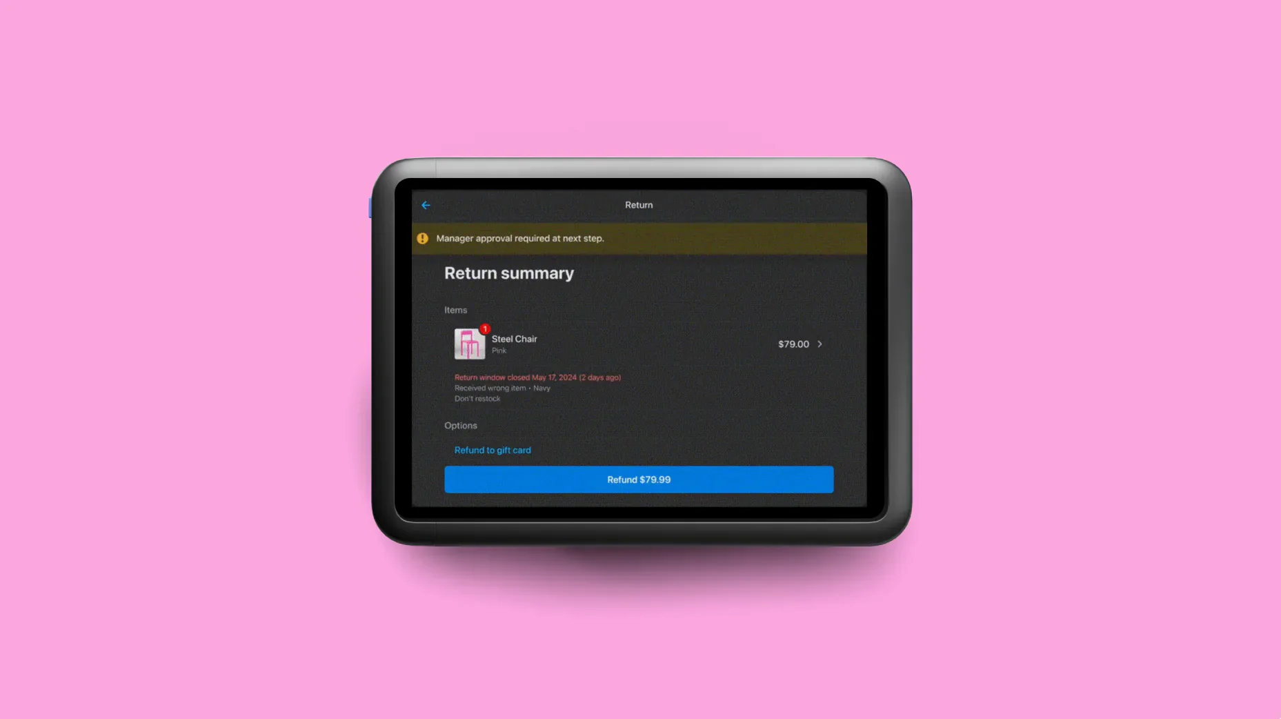 Shopify POS return summary for a pink steel chair.