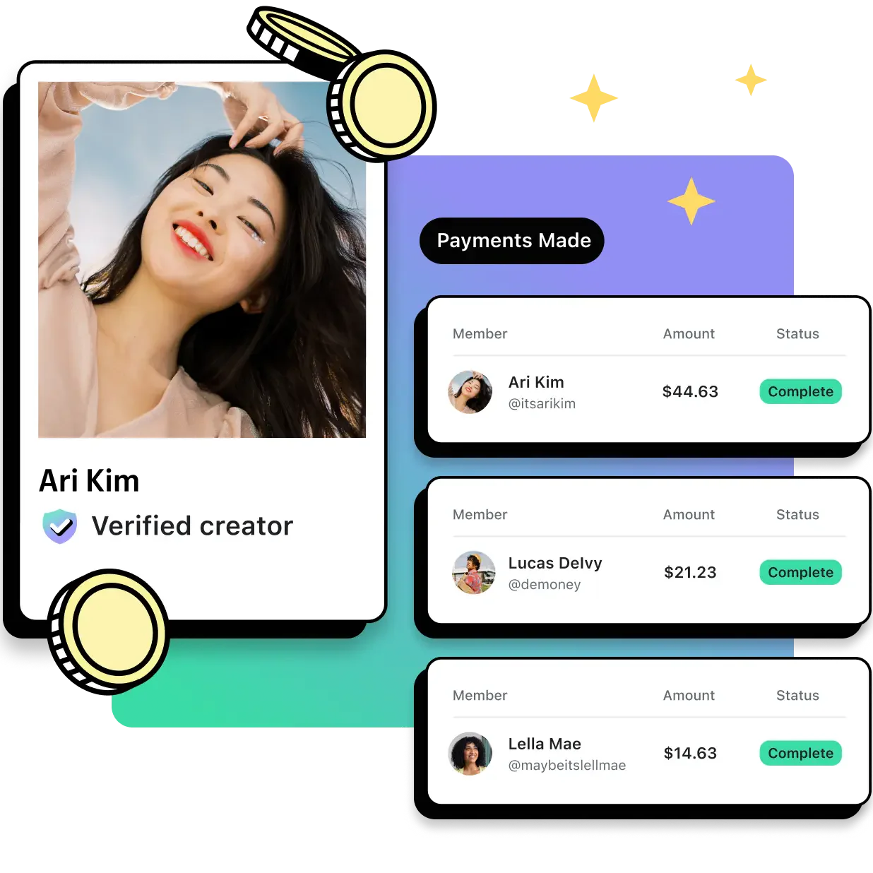 Shopify Collabs members showing recent payout status.