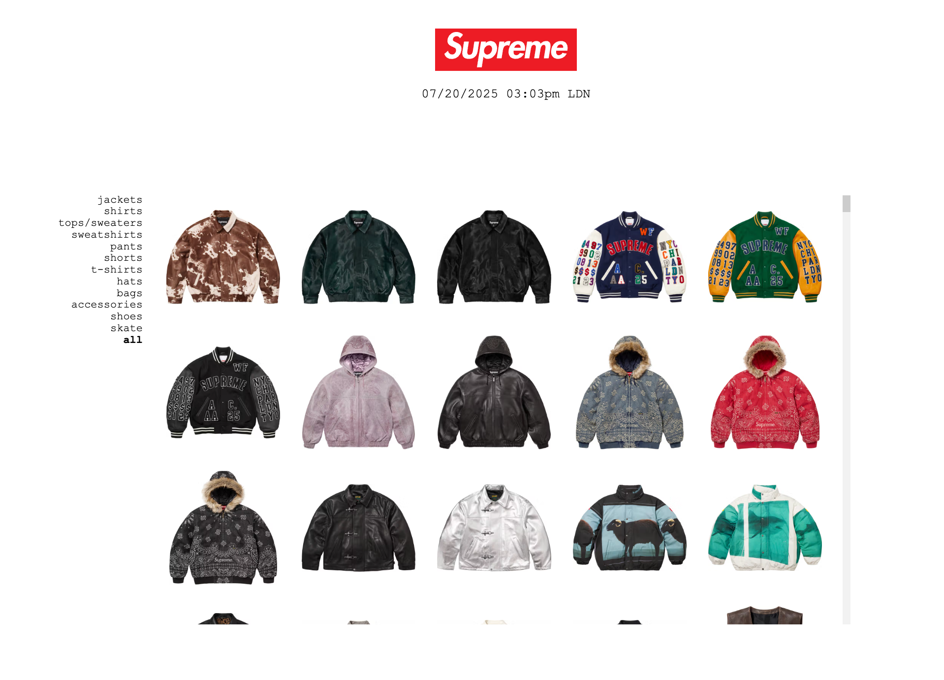 Supreme website showing a spring-summer collection of hoodies and jackets.