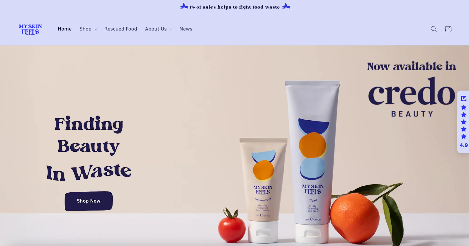 My Skin Feels homepage says Finding Beauty in Waste next to products