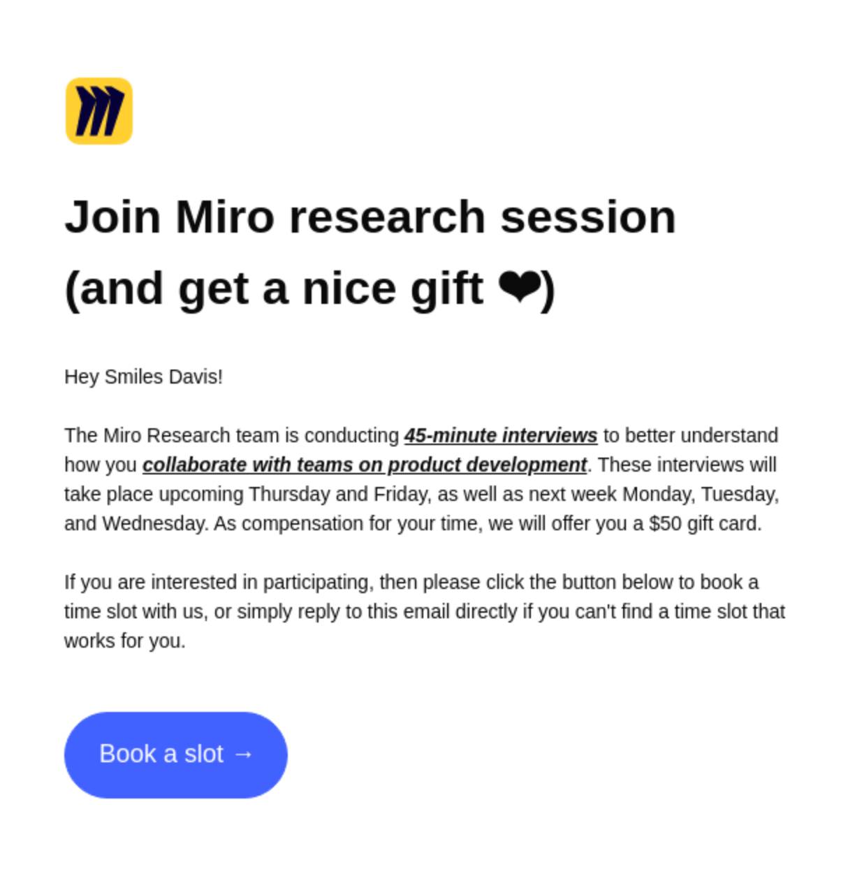 Customer intimacy Miro feedback email