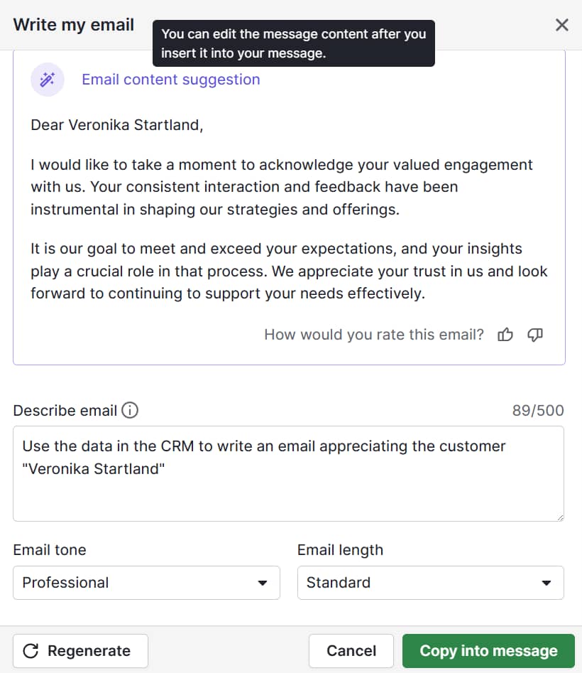 Customer transformation Pipedrive AI email