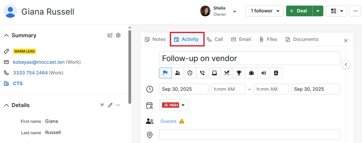 Event marketing Pipedrive add activity