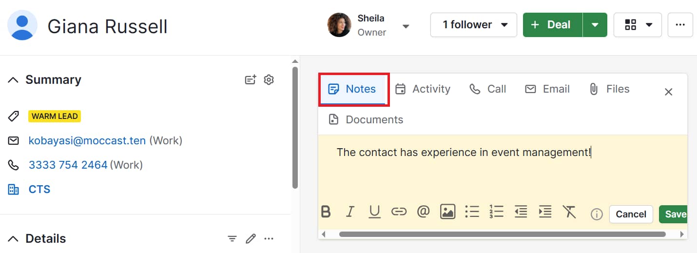 Event marketing Pipedrive contact notes