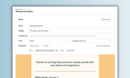 Example of Podia weekly newsletter set up