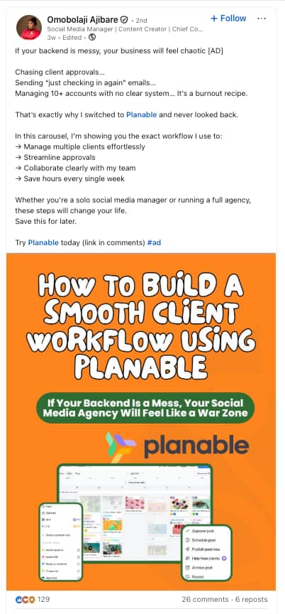 Influencer marketing LinkedIn Planable post