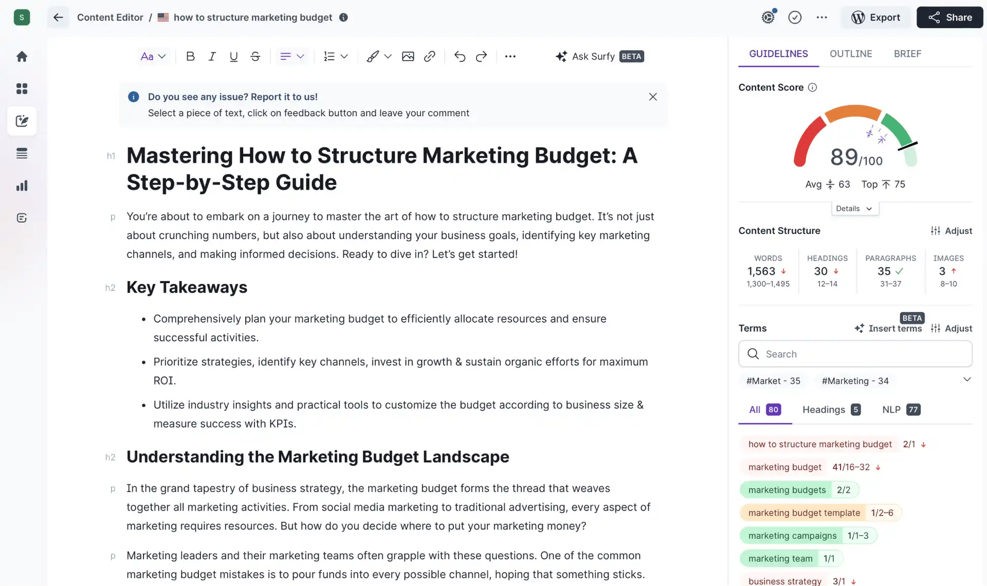 Marketing agency software Surfer SEO editor