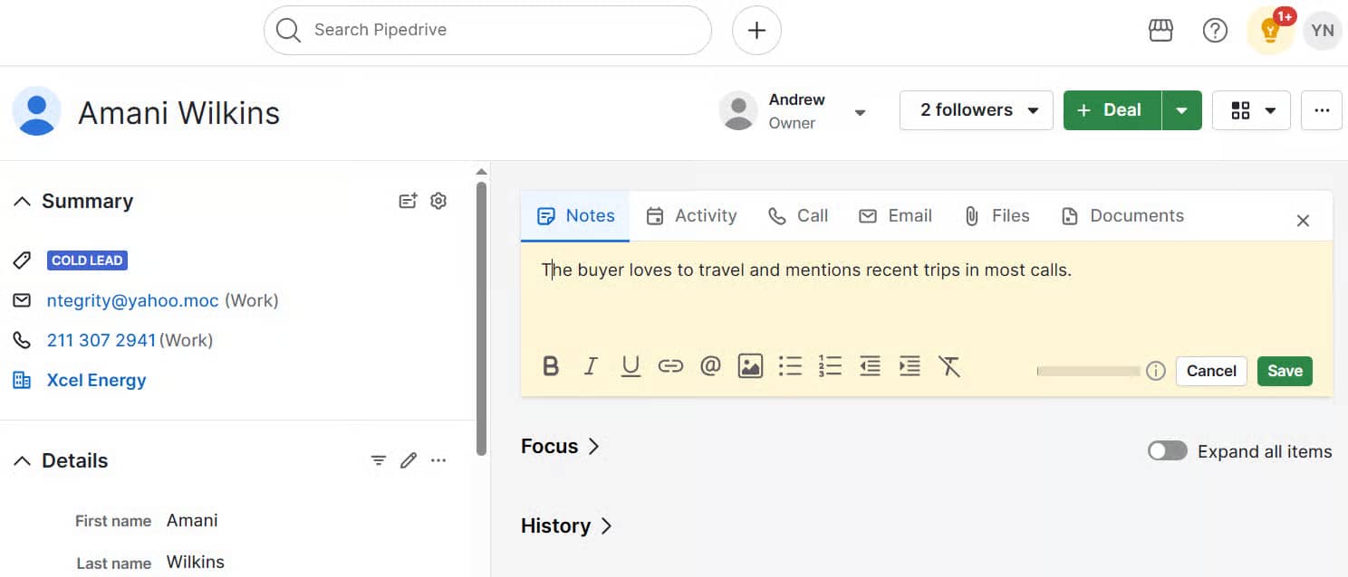Notes feature in Pipedrive