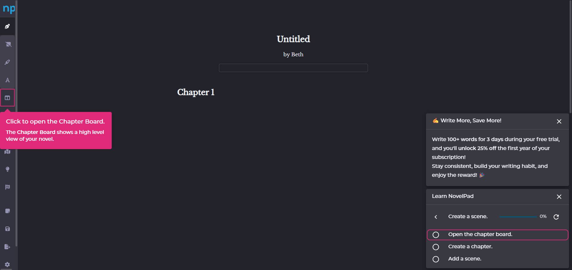 Novelpad how to add your first scene