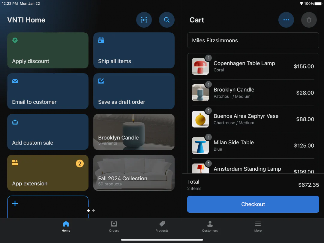 Shopping cart for a home furnishings brand with an “App extension” tile in the Shopify POS smart grid.