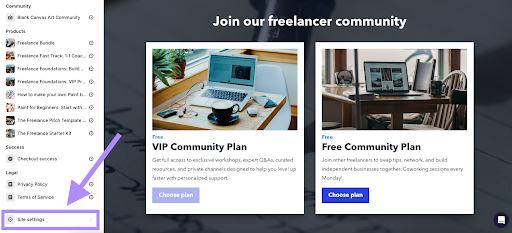 Podia website editor Site settings gear