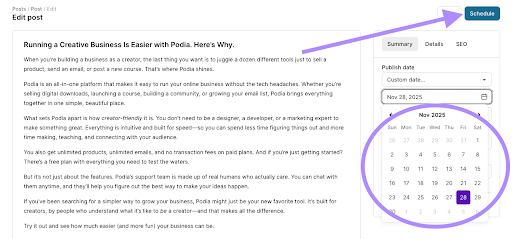 Schedule posts on Podia