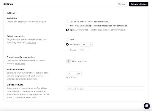 Set up affiliate program in Settings