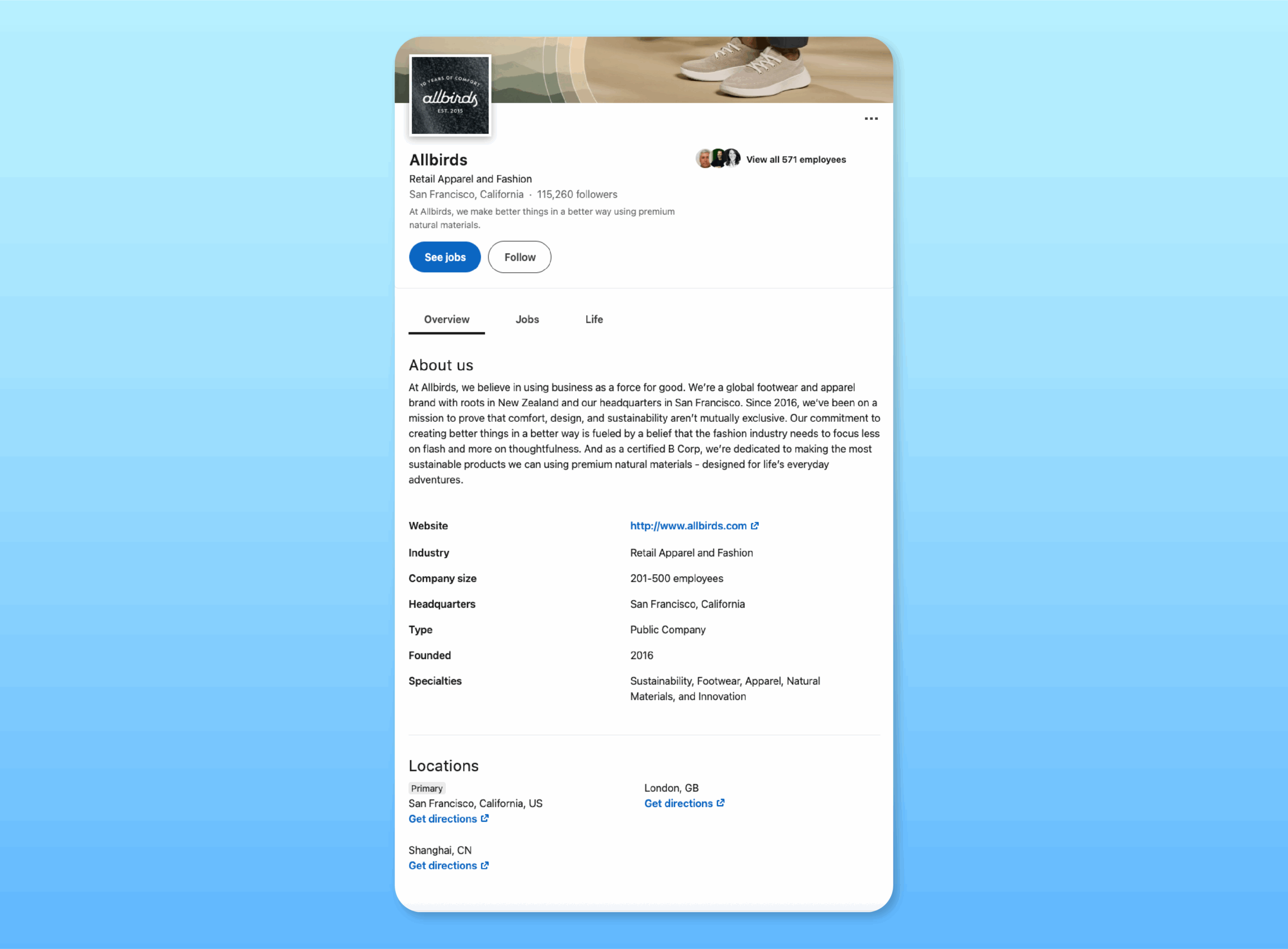 A complete LinkedIn profile from Allbirds