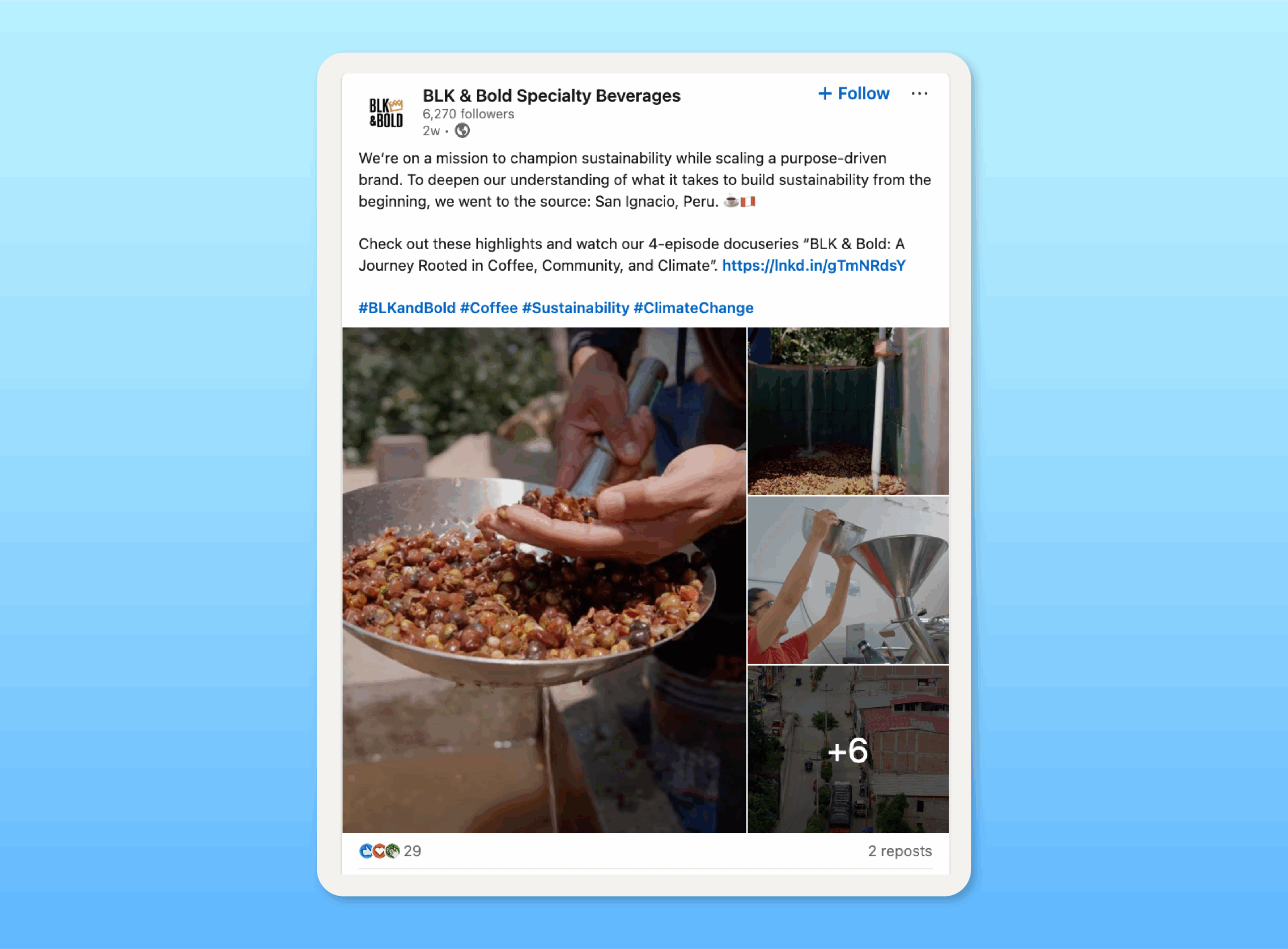 A LinkedIn post about Blk & Bold’s sustainable coffee, complete with images